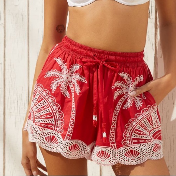 FARM Rio Red High Waist Shorts with White Embroidery - Picture 1 of 3